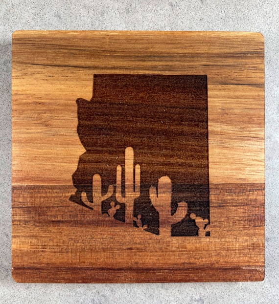 Arizona, Cactus Design Coaster Set on Acacia Wood