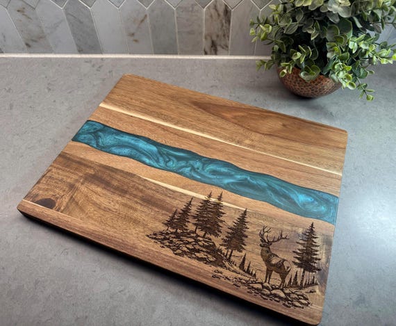 Elk Scene, Acacia & Wide River Resin Charcuterie Board,  Cheese Board, Serving Platter