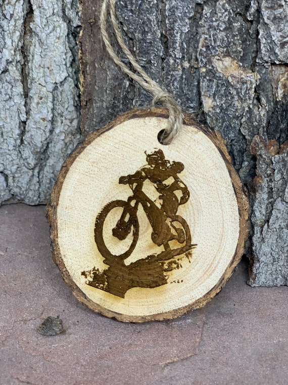 Down Hill, Mouintain Bike, Rustic Wood Ornament, Laser Engraved Ornament, Pinon Wood Ornament, Pine Ornament,