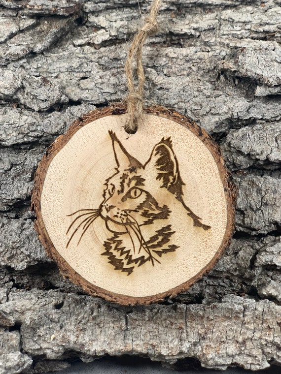 Mainecoon Cat, Cat, Rustic Wood Ornament, Laser Engraved Ornament,, Pinon Wood Ornament, Wood Ornament, Laser Ornament