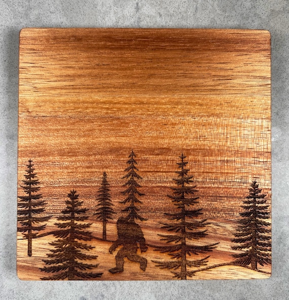 Bigfoot, Sasquatch Forest Coaster Set on Acacia Wood