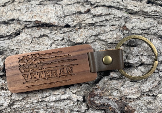 Veteran Flag, Military, Walnut Keychain, Brass Key Ring, Laser Engraved