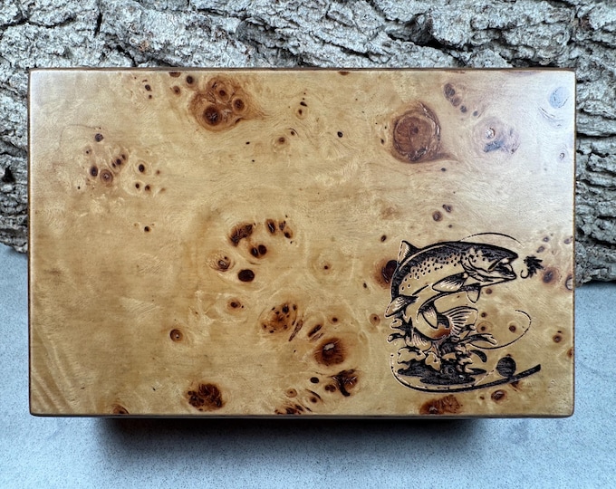 Laser-Engraved Burled Wood Fly Box: Trout Fishing Gift