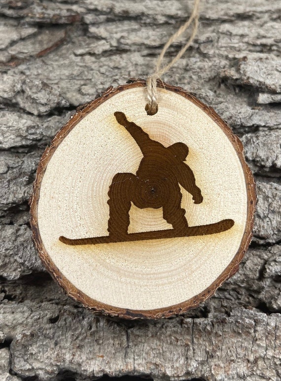 Custom Snowboard ornament, Snowboarder, Laser Engraved Ornament, Pinon Ornament, Pine Ornament, Custom Wood Ornament