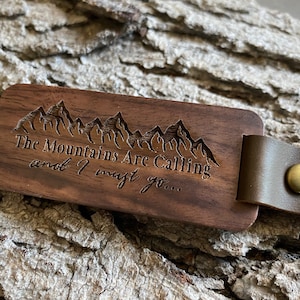 The Mountains Are Calling, Walnut Keychain, Brass Key Ring, Laser Engraved