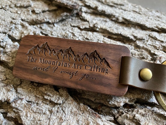 The Mountains Are Calling, Walnut Keychain, Brass Key Ring, Laser Engraved