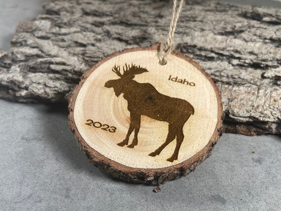Moose, Idaho, Rustic Wood Ornament, Laser Engraved Ornament, Moose Ornament, Pinon Wood Ornament, Pine Ornament, Wood Ornament, 2022