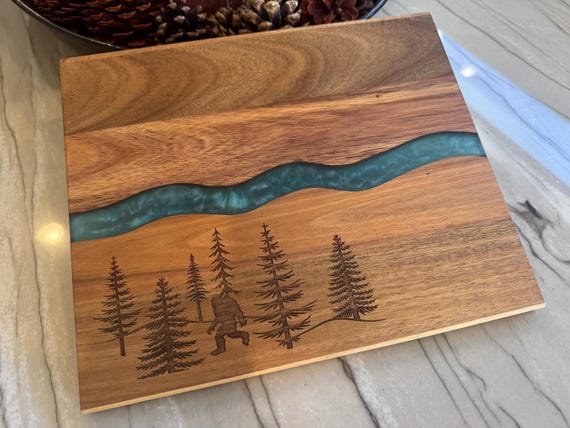 Bigfoot, Sasquatch Forest Design Charcuterie Board, Acacia & Resin Cheese Board
