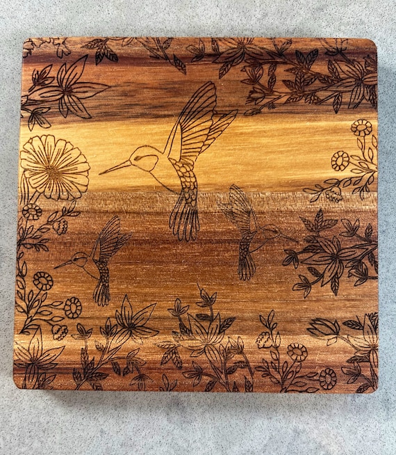 Hummingbird Floral Coaster Set on Acacia Wood