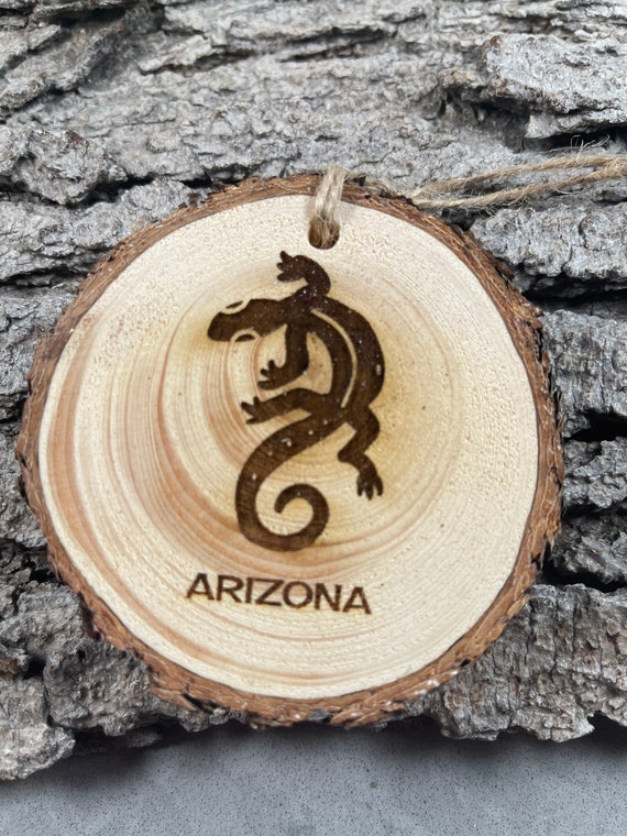 Rustic Gecko Arizona Design, Wood  Ornament, Laser Engraved Ornament, Pinon Wood Ornament, Pine Ornament