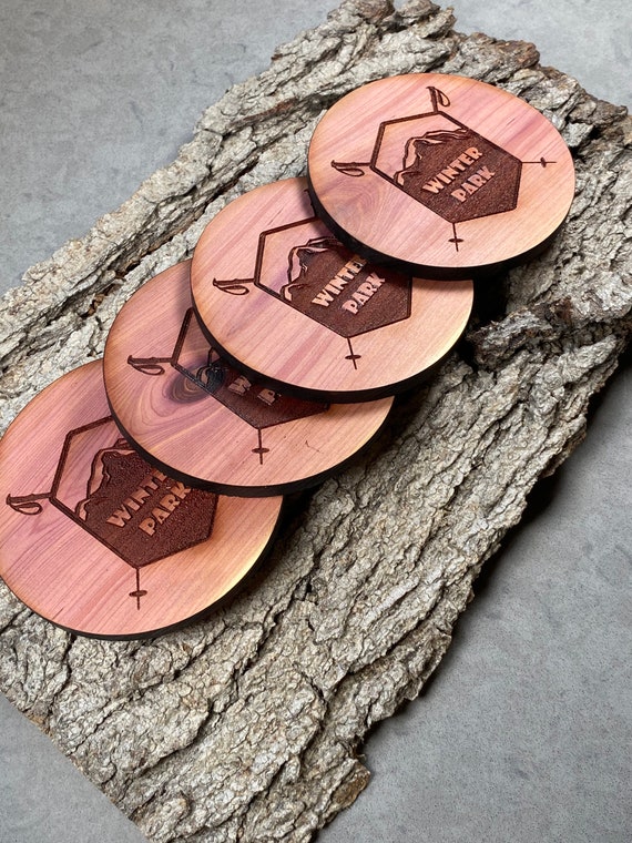 Custom Ski Resort Cedar Coaster set, Laser Engraved Coasters Set