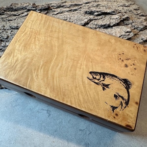 Laser-Engraved Burled Wood Fly Box: Trout Fishing Gift