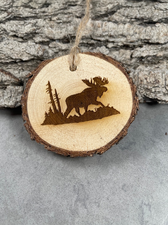 Moose, Mountain Scene, Rustic Wood Ornament, Laser Engraved Ornament, Colorado Ornament, Pinon Ornament