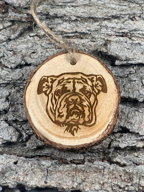 English Bulldog, Bulldog, Rustic Wood Ornament, Laser Engraved Ornament,, Pinon Wood Ornament, Wood Ornament, Laser Ornament