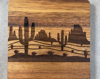 Southwest, Desert Design Coaster Set on Acacia Wood