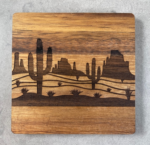 Southwest, Desert Design Coaster Set on Acacia Wood