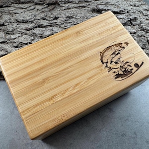 Engraved Bamboo Fly Fishing Box: Trout with Fly Design