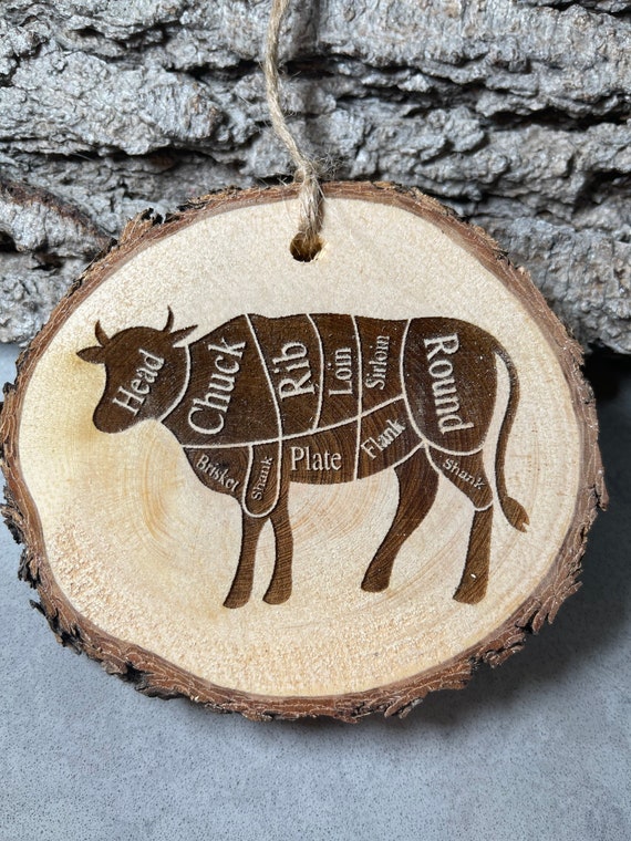 Smoke Master, Butcher, Beef,Cow, Rustic Wood Ornament, Laser Engraved Ornament,, Pinon Wood Ornament, Laser Ornament, BBQ, cuts