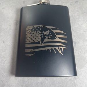 Engraved American Flag Eagle Flask - Black Stainless Steel 8oz