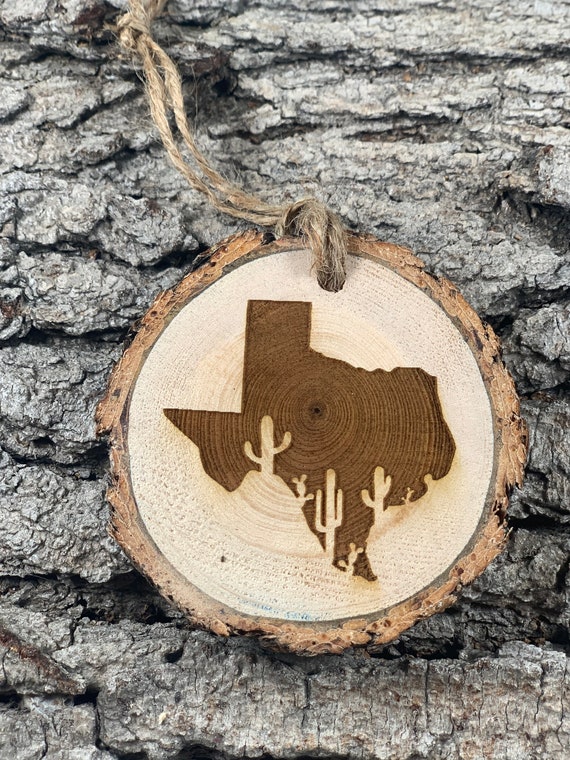 Rustic Texas design with Cactus, Wood  Ornament, Laser Engraved Ornament, Pinon Wood Ornament, Pine Ornament