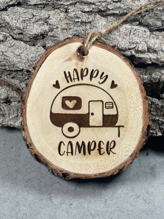 Happy Camper Rustic Wood Ornament, Laser Engraved Ornament, Pinon Wood Ornament, Pine Ornament, Wood Ornament