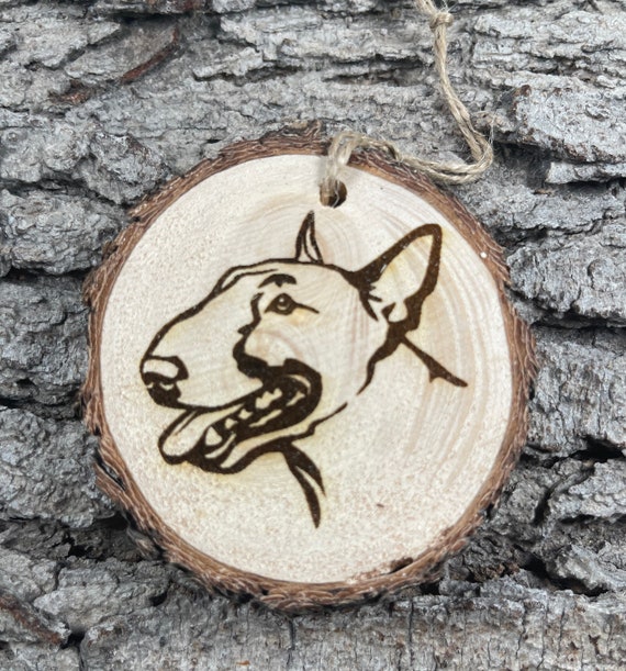 Bull Terrier, Rustic Wood Ornament, Laser Engraved Ornament,, Pinon Wood Ornament, Wood Ornament, Laser Ornament