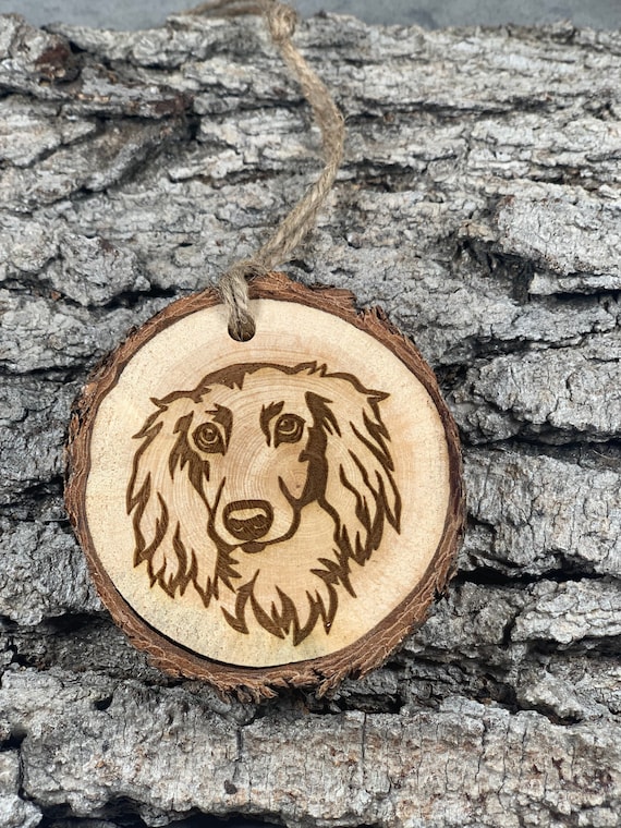 Long Hair Dachshund, Weiner dog Rustic Wood Ornament, Laser Engraved Ornament,, Pinon Wood Ornament, Wood Ornament, Laser Ornament