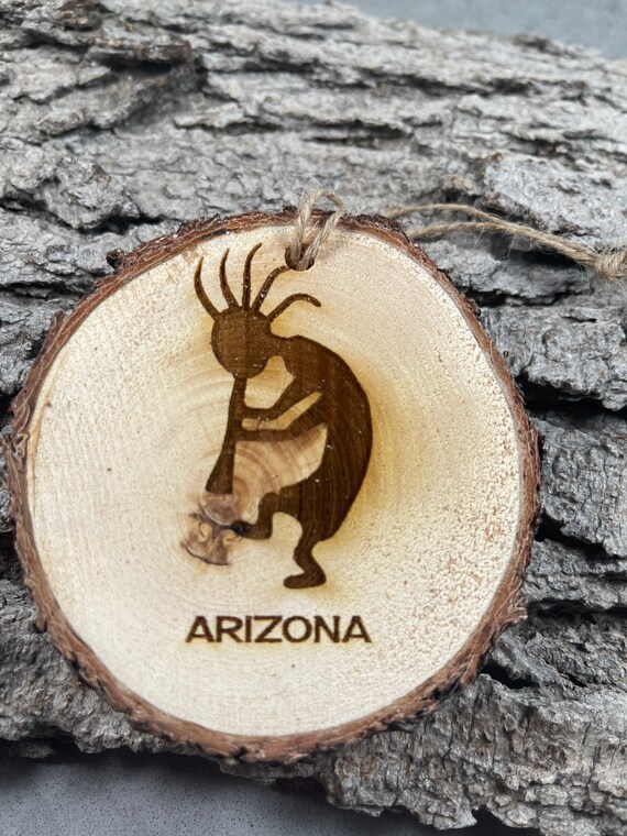 Rustic Kokopelli Arizona Design, Wood  Ornament, Laser Engraved Ornament, Pinon Wood Ornament, Pine Ornament
