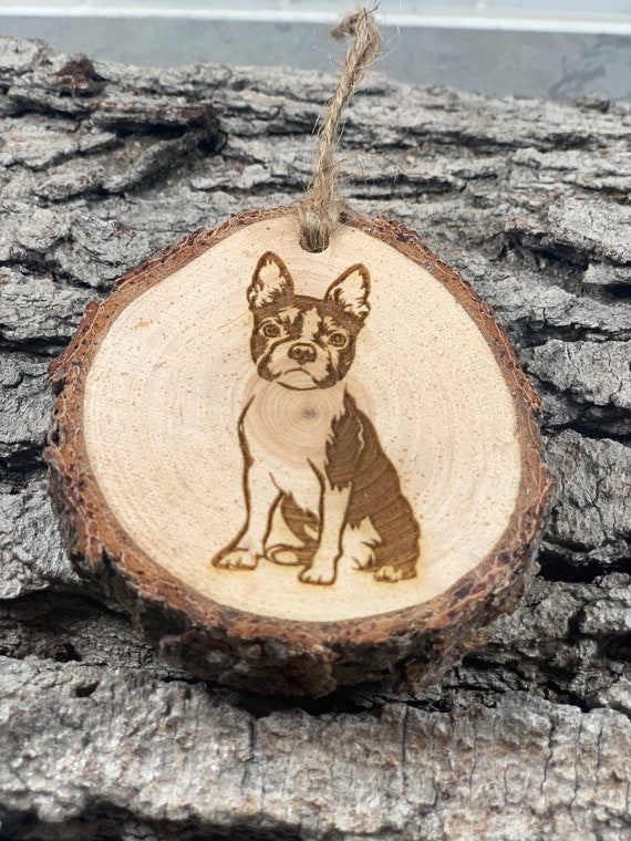 Boston Terrier , Rustic Wood Ornament, Laser Engraved Ornament,, Pinon Wood Ornament, Wood Ornament, Laser Ornament