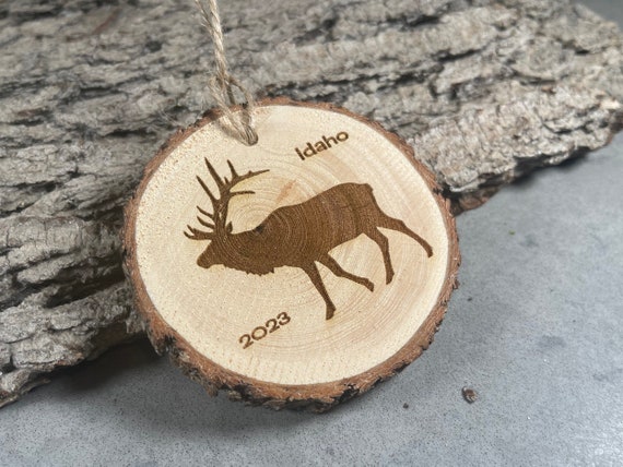 Elk, Rustic Wood Ornament, Laser Engraved Ornament, Idaho, Elk Ornament, Pinon Wood Ornament, Pine Ornament, Wood Ornament, 2023