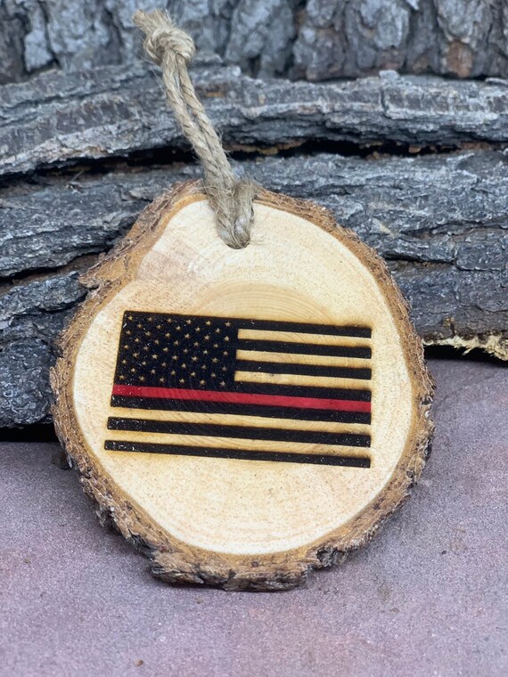 Rustic Wood Ornament, Laser Engraved Ornament, Red Line American Flag, first responder Ornament, Ornament, Pine Ornament, Wood Ornament,