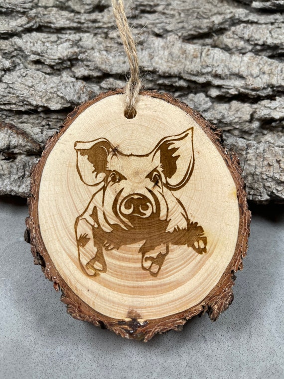 Pig, Farm, Rustic Wood Ornament, Laser Engraved Ornament,, Pinon Wood Ornament, Laser Ornament