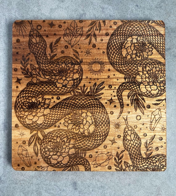 Mystical Celestial Snake Coaster Set on Acacia Wood