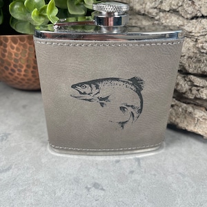 Fly Fishing, Laser Engraved, Leatherette Hip Flask, 6 ounces