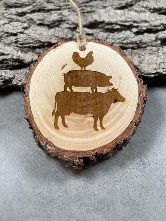 Farm, Cow, Pig, Chicken, Rustic Wood Ornament, Laser Engraved Ornament,, Pinon Wood Ornament, Laser Ornament