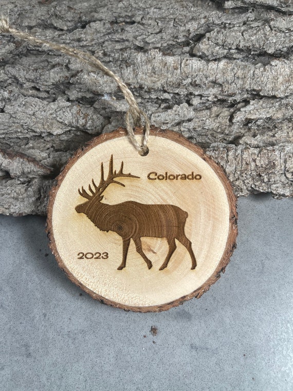 Elk, Colorado Rustic Wood Ornament, Laser Engraved Ornament, Pinon Wood Ornament, Pine Ornament, Wood Ornament, 2023