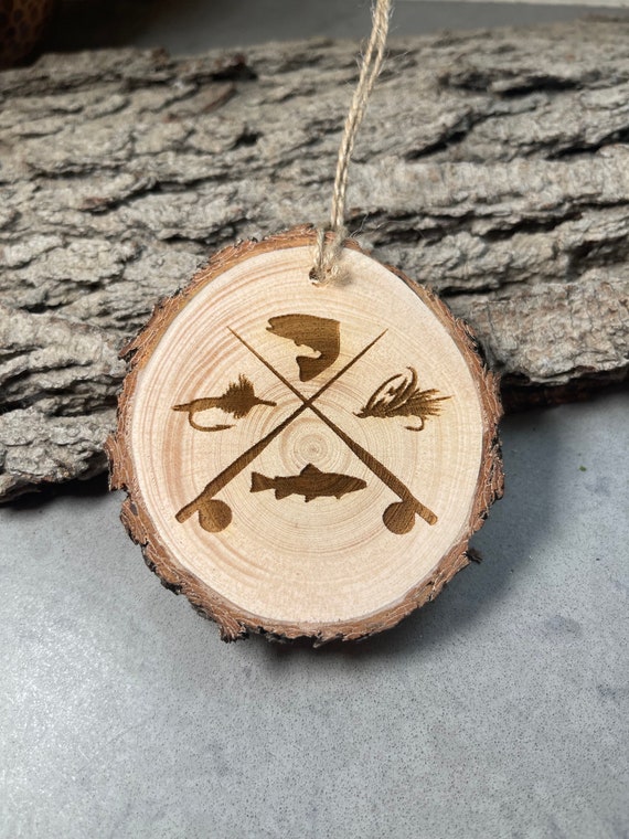 Rustic Wood Ornament, Laser Engraved Ornament, Fly Fishing, Pinon Wood Ornament, Pine Ornament, Wood Ornament