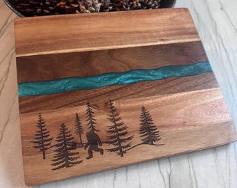 Bigfoot, Sasquatch Forest Design Charcuterie Board, Acacia & Resin Cheese Board