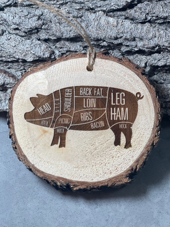 Smoke Master, Butcher, Pork, Pig, Rustic Wood Ornament, Laser Engraved Ornament,, Pinon Wood Ornament, Laser Ornament, BBQ, cuts