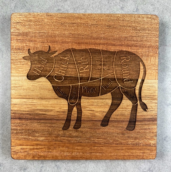 BBQ Pit Master, Beef, Butcher Design Coaster Set on Acacia Wood