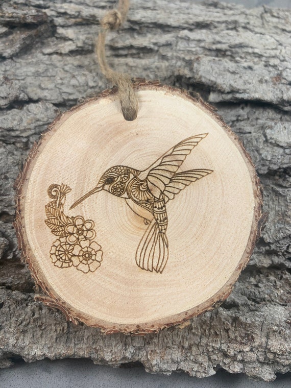 Hummingbird , Rustic Wood Ornament, Laser Engraved Ornament, Pinon Wood Ornament, Pine Ornament, Wood Ornament, Laser Ornament