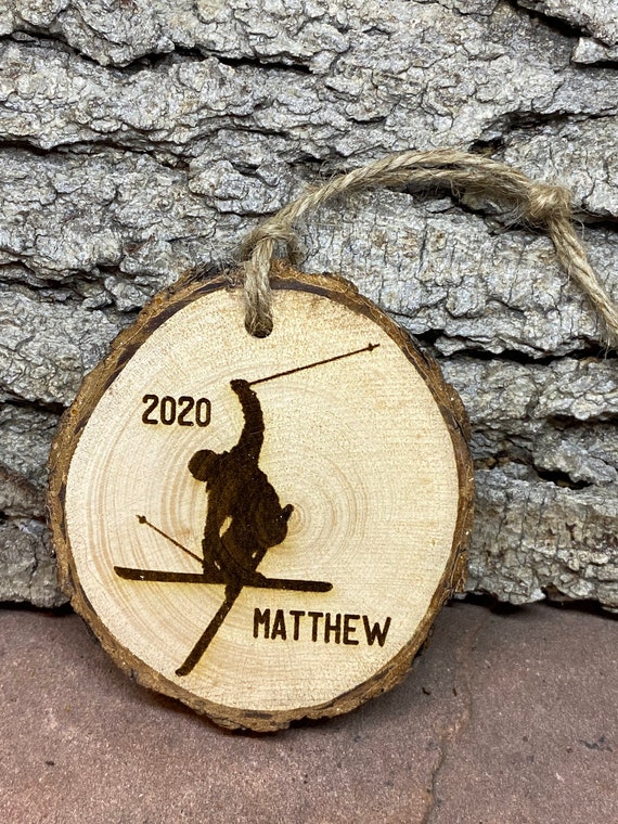 Custom Skier Ornament, Rustic Wood Ornament, Laser Engraved Ornament, Pinon Ornament, Pine Ornament, Custom Wood Ornament, Laser Ornament