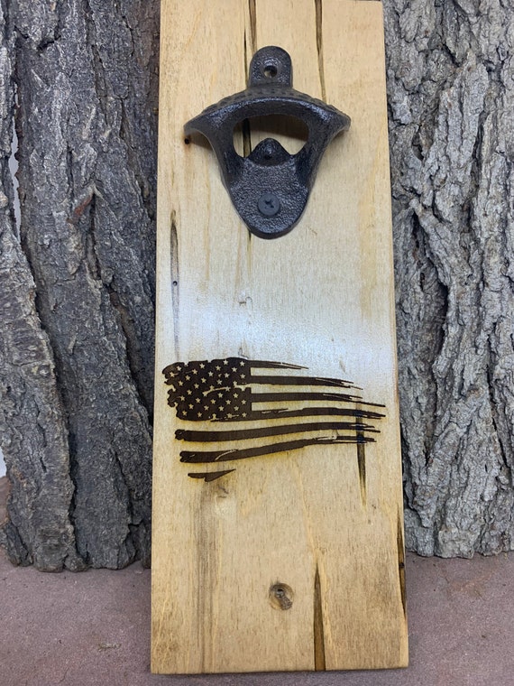 Tattered USA Flag, Wall Mounted Beer Opener, Magnetic Beer Bottle Opener, Beer Gift, Groomsman Gift Beer Cap Catcher, Bottle Opener Magnetic