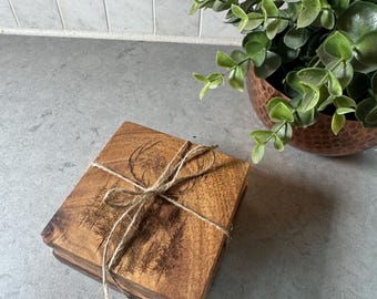 Elk, Mountain Design, Coaster Set on Acacia Wood