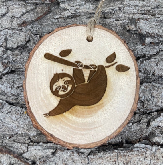 Sloth, Rustic Wood Christmas Ornament, Laser Engraved Ornament on Piñon Wood