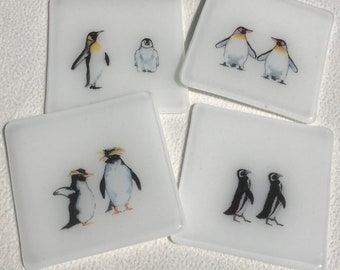 Penguin Fused Glass Coasters white glass coasters with penguin designs