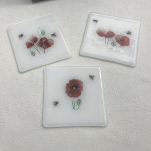 Poppy and Bee Fused Glass coasters white coasters with bees and poppy designs
