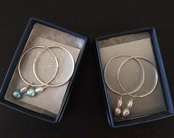 Large sterling silver hoop earrings with 2 freshwater pearls