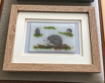 Large hedgehog picture Fused glass art with hedgehogs