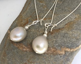 Large Drop Silver Pearl Earrings